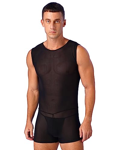 YiZYiF Herren Männer Durchsichtige Overall Unterwäsche Wrestling Singlet Bodysuit Unterhemd Boxershorts Ärmellos Stretch Sport Trikot Leotard Schwarz_F M von YiZYiF