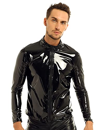 YiZYiF Herren Latex Leder Tops T-Shirt Mit Stehkragen Männer Glänzend Lack Jacke Unterhemd Muskelshirt Stretch Clubwear M-4XL Schwarz XXL von YiZYiF