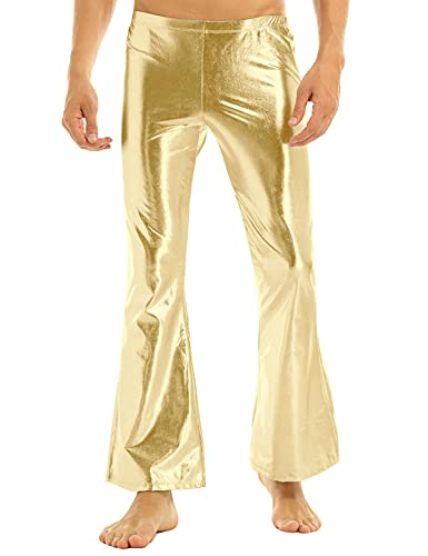 YiZYiF Herren Metallic Hose Glänzend Leder Schlaghose Slim fit 70er Jahre Retro Hippie Hose Disco Tanz Party Karneval Fasching Outfit Gold M von YiZYiF