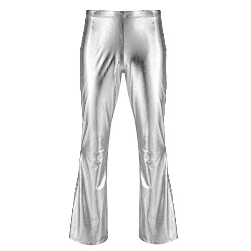 YiZYiF Herren Metallic Hose Glänzend Leder Schlaghose Slim fit 70er Jahre Retro Hippie Hose Disco Tanz Party Karneval Fasching Outfit Silber XL von YiZYiF