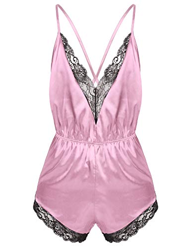 YiZYiF Herren Overalls Kurz Satin Nachtwäsche Spitze Unterhemd Tank Top Latzhose Männer Sissy Dessous Einteiler Pyjama Schlafanzug Lace Lingerie Rosa XL von YiZYiF