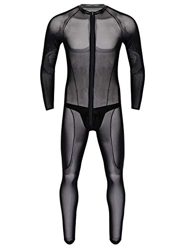 YiZYiF Herren PU & Mesh Halb Transparent Overalls Dessous Unterhemd Fitness Bodysuit Schwarz Sportwear Clubwear (Medium, Schwarz Overall) von YiZYiF