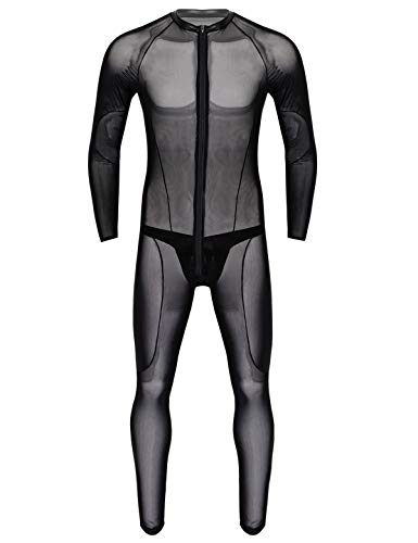 YiZYiF Herren PU & Mesh Halb Transparent Overalls Dessous Unterhemd Fitness Bodysuit Schwarz Sportwear Clubwear (XX-Large, Schwarz Overall) von YiZYiF
