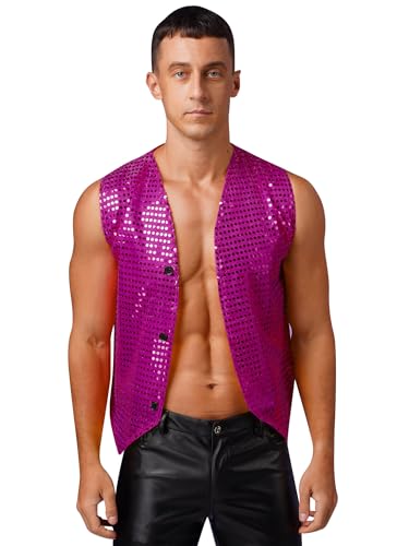 YiZYiF Herren Pailetten Weste Ärmellos Glitzer Disco Karneval Kostüm Jacke Top Glitzernde Silvester Party Festival Outfit Gilet Hot Pink L von YiZYiF