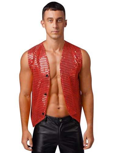 YiZYiF Herren Pailetten Weste Ärmellos Glitzer Disco Karneval Kostüm Jacke Top Glitzernde Silvester Party Festival Outfit Gilet Rot M von YiZYiF