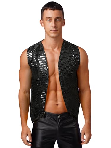 YiZYiF Herren Pailetten Weste Ärmellos Glitzer Disco Karneval Kostüm Jacke Top Glitzernde Silvester Party Festival Outfit Gilet Schwarz M von YiZYiF
