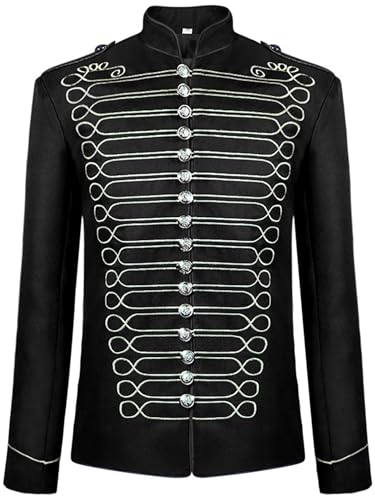 YiZYiF Herren Parade Jacke Militair Steampunk Punk Rock Gothic Mantel Marschkapellen Schlagzeuger Uniform Musikfestivalparade Jacke Schwarz&Silber S von YiZYiF