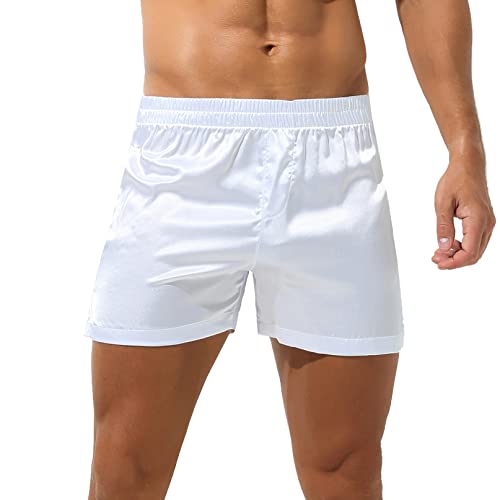 YiZYiF Herren Satin Shorts Locker Boxershorts Glanz Boxer Briefs Seide Optik Pyjamahose Schlafanzug Shorts Trunks Unterhose Weiß S von YiZYiF