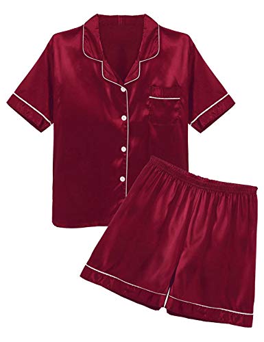 YiZYiF Herren Schlafanzug Kurz/Lang Pyjama Satin Sommer Nachtwäsche Kurzarm Langarm Schlafoberteil mit Shorts Hose Klassische Sleepwear Hausanzug L-3XL Burgundy XL von YiZYiF