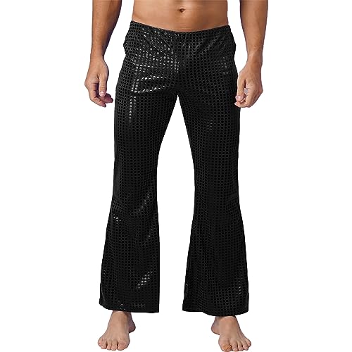 YiZYiF Herren Schlaghose GlitzerMetallic Pailletten Hose Slim Fit Retro 70er Jahre Disco Hippie Hose Tanz Party Karneval Fasching Outfit Schwarz M von YiZYiF