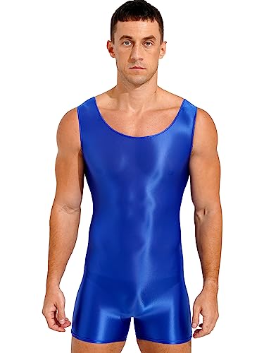 YiZYiF Herren Sexy Wrestling Singlet Bodysuit ÖL Glanz Boxer Unterwäsche Overall Glossy Silky Sport Tank Top Leotard Unitard Reizwäsche B_Blau XL von YiZYiF