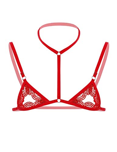 YiZYiF Herren Sissy BH Spitze Bikini Top Neckholder Offen-Nippel Bralette Oberteil Männer Crossdresser Unterhemd Erotik Dessous Unterwäsche Rot A One Size von YiZYiF