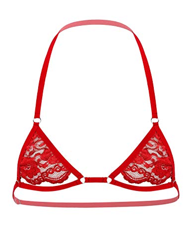 YiZYiF Herren Sissy BH Spitze Bikini Top Neckholder Offen-Nippel Bralette Oberteil Männer Crossdresser Unterhemd Erotik Dessous Unterwäsche Rot B One Size von YiZYiF