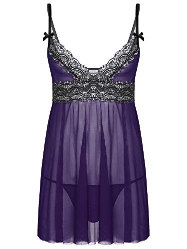 YiZYiF Herren Sissy Dessous Lingerie Babydoll Negligee Mesh Spitze Nachtwäsche Kleid mit G-String für Männer Reizwäsche Chemise Sleepwear Violett XL von YiZYiF