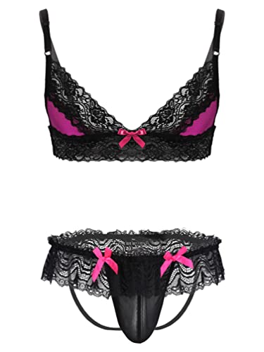 YiZYiF Herren Sissy Dessous Unterwäsche Spitze Satin BH G-String Lace Rock Set Männer Reizwäsche Verführerische Schlafanzug Rosa C XL von YiZYiF