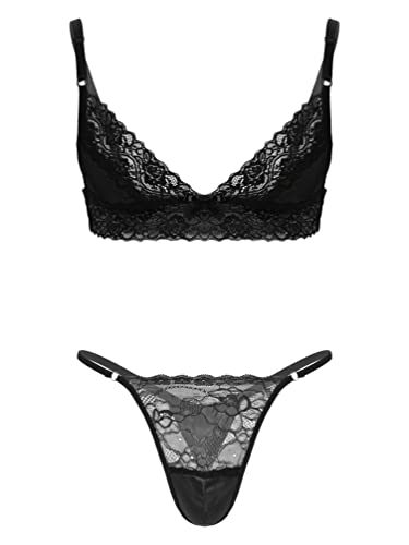 YiZYiF Herren Sissy Dessous Unterwäsche Spitze Satin BH G-String Lace Rock Set Männer Reizwäsche Verführerische Schlafanzug Schwarz B XL von YiZYiF