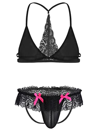 YiZYiF Herren Sissy Dessous Unterwäsche Spitze Satin BH G-String Lace Rock Set Männer Reizwäsche Verführerische Schlafanzug Schwarz C XL von YiZYiF