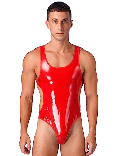 YiZYiF Herren Wetlook Body Sexy Lack Leder Bodysuit Jumpsuit Ouvert Thong Leotard Fetisch Erotische Kostüme Party Clubwear G_Rot 4XL von YiZYiF