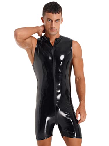 YiZYiF Herren Wetlook Bodysuit Lackleder Männer Body Trikot Unterwäsche Legsuit mit Reißverschluss Clubwear Schwarz_C 4XL von YiZYiF