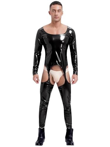 YiZYiF Herren Wetlook Catsuit Ouvert Glänzend Lack Leder Overall Männer Body Einteiler Hosenanzug Im Schritt Offen Erotische Wäsche Schwarz XXL von YiZYiF