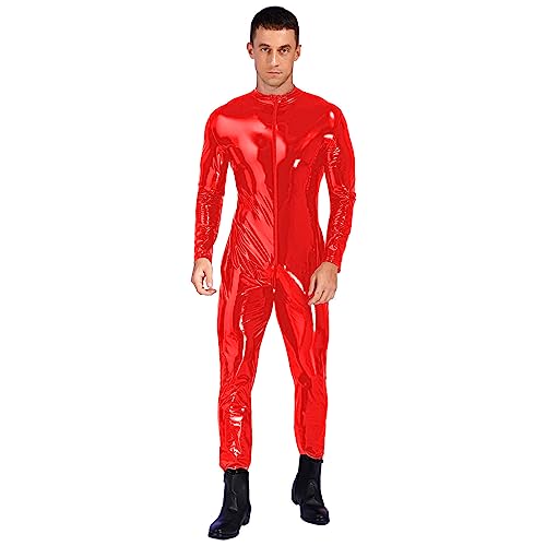 YiZYiF Herren Wetlook Catsuit Ouvert Lackleder Overall Mit Reißverschluss Männer Lack Optik Body Glänzende Hosenanzug Slim Fit Rot 5XL von YiZYiF