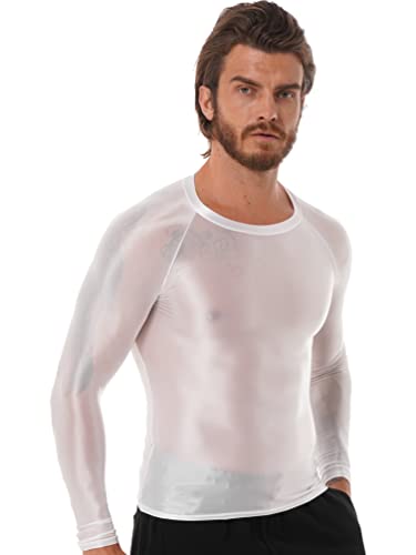 YiZYiF Herren Wetlook Glänzend Hemd Langarm Glossy Shirt Nylon Unterhemd Eng Oberteil für Clubwear Laufen Sport Jogging Weiß XL von YiZYiF