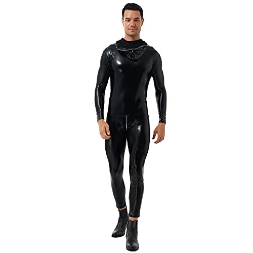 YiZYiF Herren Wetlook Overall Body Latex-look Unterwäsche Unterhemd Männer Ganzanzug Kunstleder Hosenanzug Schwarz_B L von YiZYiF