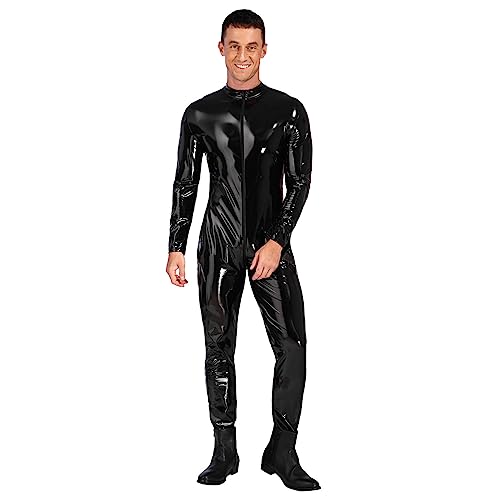 YiZYiF Herren Wetlook Overall Body Latex-look Unterwäsche Unterhemd Männer Ganzanzug Kunstleder Hosenanzug Schwarz_H 5XL von YiZYiF