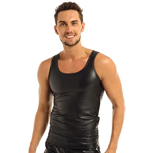 YiZYiF Herren Wetlook Top Unterhemd Kunstleder Lederoptik Achselhemd Muskel Shirt Sport Fitness Vest Slim Fit Clubwear Reizwäsche M-XXL Schwarz L von YiZYiF