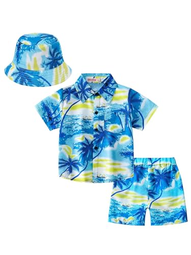 YiZYiF Jungen Hawaii Hemd Kurze Hose Outfit Mit Hut Kinder Sommer Kleidung 3er Funky Hawaii-Muster Kurzarmhemd Shorts Fischerhut Set Für Strand Urlaub Blau 146-152 von YiZYiF