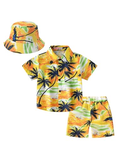 YiZYiF Jungen Hawaii Hemd Kurze Hose Outfit Mit Hut Kinder Sommer Kleidung 3er Funky Hawaii-Muster Kurzarmhemd Shorts Fischerhut Set Für Strand Urlaub Gelb 146-152 von YiZYiF