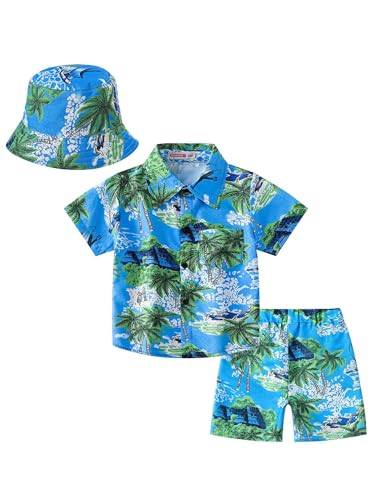YiZYiF Jungen Hawaii Hemd Kurze Hose Outfit Mit Hut Kinder Sommer Kleidung 3er Funky Hawaii-Muster Kurzarmhemd Shorts Fischerhut Set Für Strand Urlaub Grün 104-110 von YiZYiF
