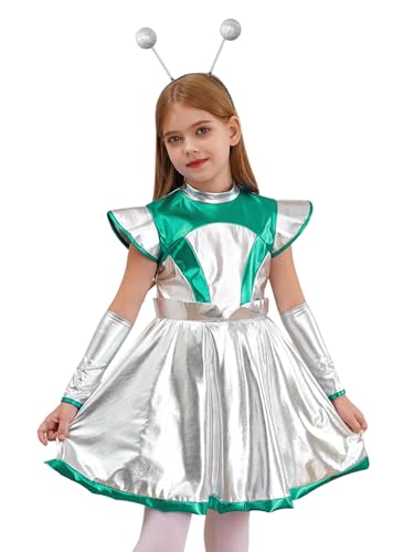 YiZYiF Kinder Alien Space Girl Kostüm Mädchen Metallic Glänzend Alien Kleid Kopfschmuck Armstulpen Set Festival Karneval Halloween Tanzkleidung Grün&Silber-Haarreif 122-128 von YiZYiF