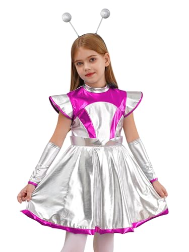 YiZYiF Kinder Alien Space Girl Kostüm Mädchen Metallic Glänzend Alien Kleid Kopfschmuck Armstulpen Set Festival Karneval Halloween Tanzkleidung Rosa 134-140 von YiZYiF