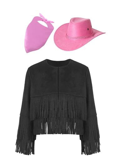 YiZYiF Kinder Cowgirl Cowboy Set Jungen Mädchen Cowboy Hut Langarm Fransenjacke Und Bandana Kinder Wildwest Outfit für Fasching Karneval Mottoparty Schwarz&Rosa 146-152 von YiZYiF