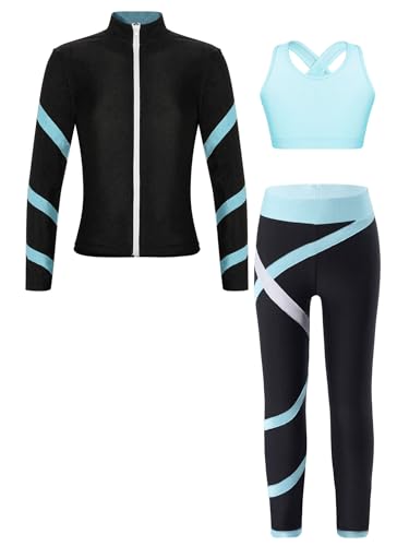 YiZYiF Kinder Eiskunstlauf Anzug Mädchen 3er Sport Oufit Langarmjacke Crop Tank Top Und Leggings Set Eislaufen Trainingsoutfit Tanzanzug Hellblau_N 170 von YiZYiF