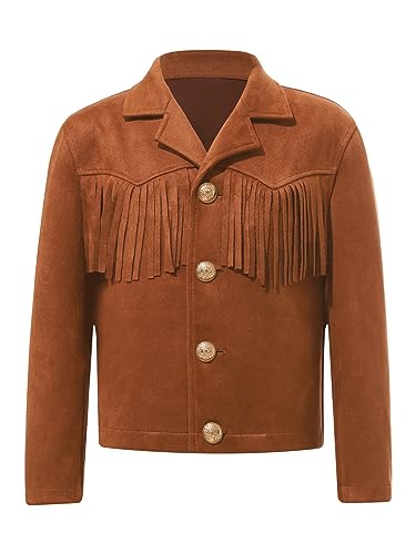 YiZYiF Kinder Junge Mädchen Lederjacke Western Cowboy Indianerjacke Wildleder Hippie Westernstyle Fransenjacke A_Braun 170-176 von YiZYiF