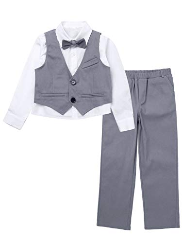 YiZYiF Kinder Jungen Anzug mit Fliege Hemd Weste Hose Set Gentleman Anzüge Kinderanzug Hochzeit Taufe Festlich Outfit Kleidung Grau 146-152/11-12 Jahre von YiZYiF