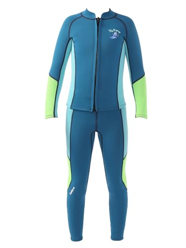 YiZYiF Kinder Jungen Neoprenanzug 2,5 Mm Zweiteiler Langarmoberteil Hose Set UV Thermal Neopren Badeanzug Blau 110-116 von YiZYiF