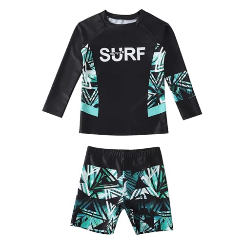 YiZYiF Kinder Jungen Badeanzug Rashguard Set Langärm Badeshirt Badeshorts Zweiteiler Bade-Set Surfen Strandemode Schwarz 98-104/3-4 Jahre von YiZYiF