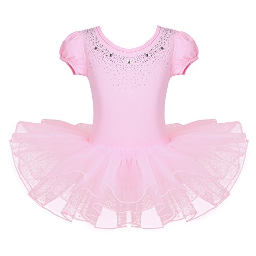 YiZYiF Kinder Mädchen Ballett Body Trikot mit Tutu Tüllrock Glänzend Ballettkleid Tanzkleid mit Strasssteinen Gr. 92 98 104 110 122 128 140 Rosa 104-110 von YiZYiF