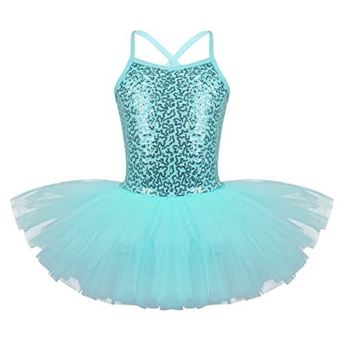 YiZYiF Kinder Mädchen Ballettkleid Ballett Trikot Mit Tutu Rock Turnanzug Glitzer Gymnastik Eiskunstlauf Kleid Show Tanzkleidung Gr. 92-176 Türkis A 110-116 von YiZYiF