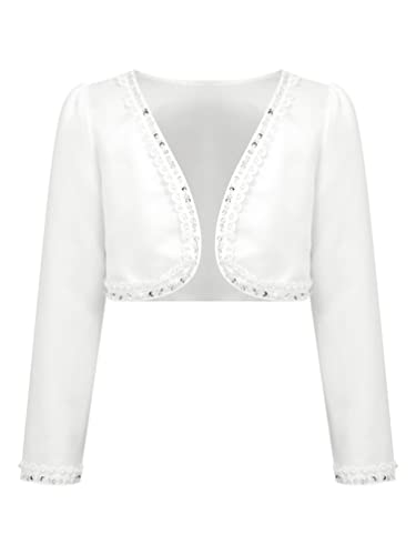 YiZYiF Kinder Mädchen Bolero Festlich Satin Strickjacke Schulterjacke Kurzjacke zum Hochzeit Geburtstag Party Kommunionkleid Gr.86-164 Weiß 146-152/11-12 Jahre von YiZYiF