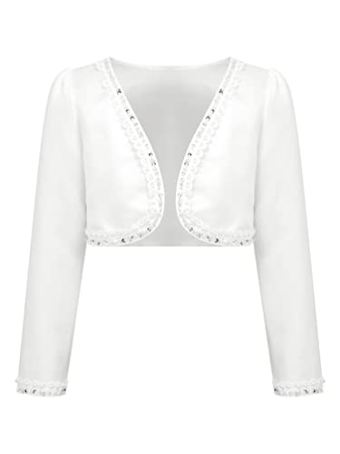 YiZYiF Kinder Mädchen Bolero Festlich Satin Strickjacke Kurzjacke zum Hochzeit Geburtstag Party Kommunionkleid Gr.86-164 Weiß 158-164/13-14 Jahre von YiZYiF