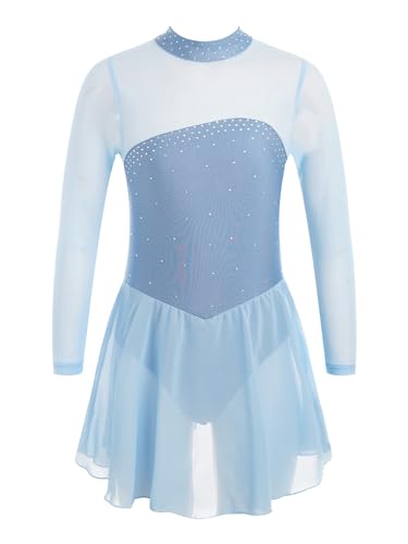 YiZYiF Kinder Mädchen Eiskunstlauf Kleid Langarm Tanzkleid Glitzer Ballett Trikot Rollschuhkleid Turnanzug Wettbewerb Tanzkleidung Himmelblau_B 170-176/15-16 Jahre von YiZYiF