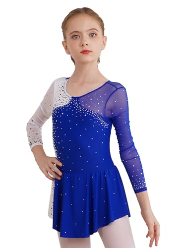 YiZYiF Kinder Mädchen Eiskunstlauf Kleid Langarm Tanzkleid Glitzer Ballett Trikot Rollschuhkleid Turnanzug Wettbewerb Tanzkleidung Königsblau_E 122-128/7-8 Jahre von YiZYiF