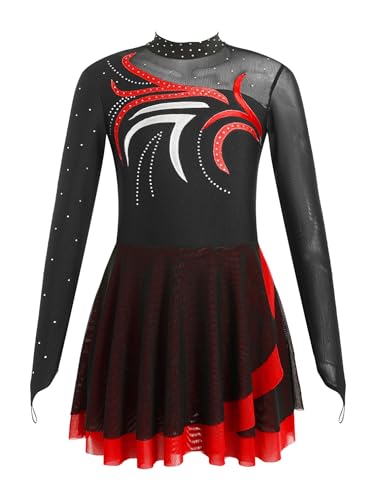 YiZYiF Kinder Mädchen Eiskunstlauf Kleid Langarm Tanzkleid Glitzer Ballett Trikot Rollschuhkleid Turnanzug Wettbewerb Tanzkleidung Rot_I 134-140 von YiZYiF