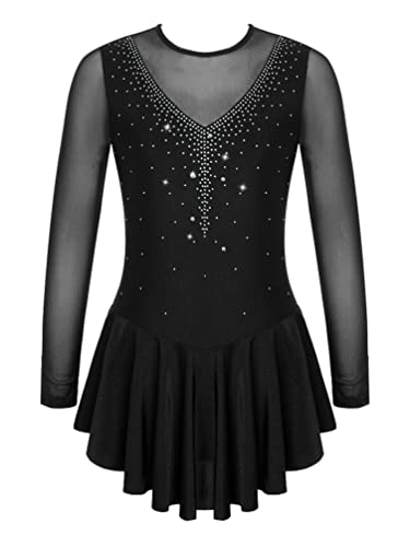 YiZYiF Kinder Mädchen Eiskunstlauf Kleid Langarm Tanzkleid Glitzer Ballett Trikot Rollschuhkleid Turnanzug Wettbewerb Tanzkleidung Schwarz_C 146-152/11-12 Jahre von YiZYiF