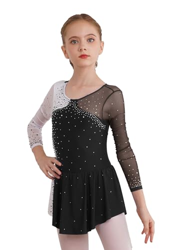 YiZYiF Kinder Mädchen Eiskunstlauf Kleid Langarm Tanzkleid Glitzer Ballett Trikot Rollschuhkleid Turnanzug Wettbewerb Tanzkleidung Schwarz_E 170-176/15-16 Jahre von YiZYiF