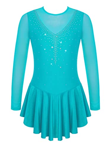 YiZYiF Kinder Mädchen Eiskunstlauf Kleid Langarm Tanzkleid Glitzer Ballett Trikot Rollschuhkleid Turnanzug Wettbewerb Tanzkleidung Türkis_C 122-128/7-8 Jahre von YiZYiF